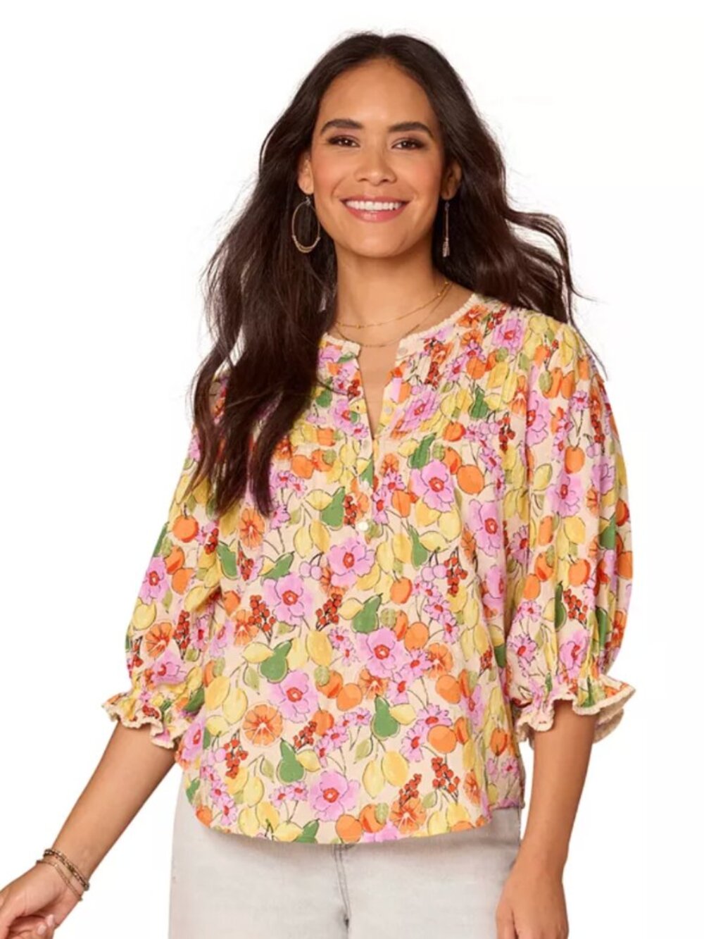 Democracy Floral and Fruit Printed Lantern Sleeve Blouse 100% Cotton Sz M EUC